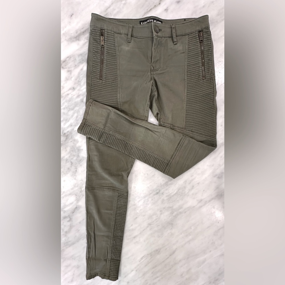EXPRESS Legging Stella Low Rise Olive Green Moto Denim Size 6